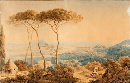 Franz Kaisermann (Yverdon, 1765  - Roma, 1833) 
Veduta della campagna romana dal boschetto di Villa Taverna 
Acquarello e inchiostro bruno su carta cm. 70x104. Con cornice