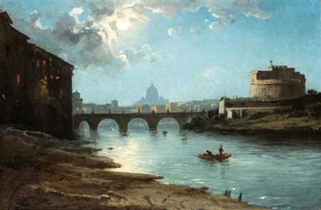 Artista attivo a Roma, metà XIX secolo  
Veduta notturna di Castel Sant'Angelo 
Olio su tela cm. 47,5x70,5. Con cornice