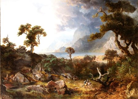 Heinrich Heinlein (Nassau, 1803 - Monaco, 1885 ) 
Paesaggio lacustre con bosco e cavalieri 
Olio su tela cm. 140x191. Con cornice