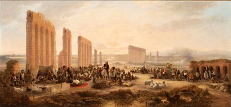 Artista inglese attivo a Roma, XIX secolo  
Veduta dell’Acquedotto Claudio con il mercato 
Olio su tela cm. 79,5x168. Con cornice