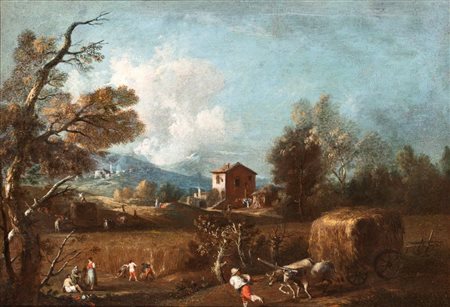 Artista veneto, XVIII secolo  
Paesaggio con campi, casolare e contadini a lavoro  
Olio su tela cm. 40x57. Con cornice