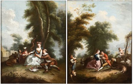 Artista francese, XVIII secolo  
a) Scena galante nei pressi di un tempietto; b) scena galante nei pressi di un pozzo. Coppia di dipinti 
Olio su tavola cm. 25x19,5 cad. Con cornice