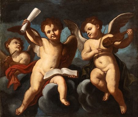 Artista emiliano, XVII secolo  
Tre angeli musicanti 
Olio su tela cm. 93x109. Con cornice