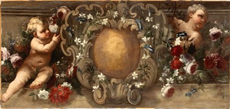 Artista attivo a Roma, XVIII secolo  
Soprapporta con putti, natura morta di fiori e stemma  
Olio su tela cm. 64,5x136,5. Con cornice