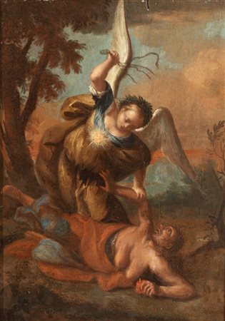 Artista emiliano, XVII secolo  
San Michele fustiga il demonio 
Olio su tavola cm. 40,5x29. Con cornice