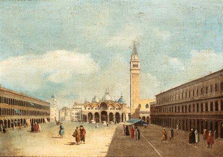 detto il Canaletto (seguace di) (Venezia, 1697 - 1768) 
Veduta di piazza San Marco verso la Basilica 
Olio su tela cm. 50x70. Con cornice