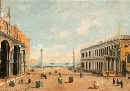 detto il Canaletto (seguace di) (Venezia, 1697 - 1768) 
Veduta della Piazzetta con le colonne di San Marco e San Teodoro 
Olio su tela cm. 50x70. Con cornice
