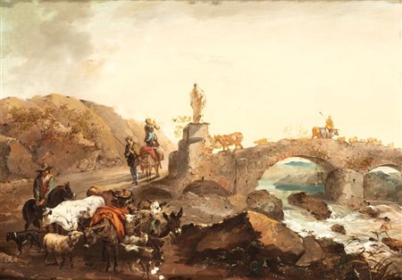 Michiel  Carree (attribuito a) (L'Aia, 1657 - Alkmarr, 1727) 
Paesaggio italiano con figure e ponticello 
Olio su tela cm. 29,5x40,5. Con cornice