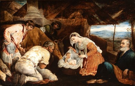 detto Jacopo da Bassano (seguace di) (Bassano del Grappa, 1510 - 1592) 
Adorazione dei pastori 
Olio su tavola cm. 35,2x54,2