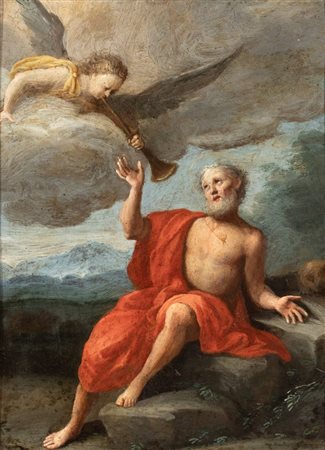 Artista emiliano, XVII secolo  
San Girolamo ode le trombe del Giudizio 
Olio su rame cm. 22x17. Con cornice