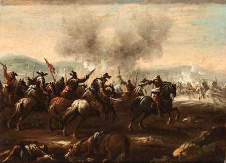 detto Ciccio Napoletano (Napoli, 1680 ca. - 1730 ca.,  - ) 
Battaglia 
Olio su tela cm. 22,5x30. Con cornice