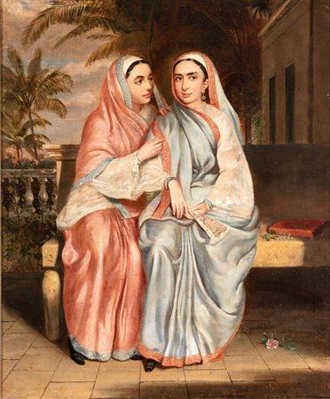 Artista inglese attivo in India, XIX secolo  
Donne indiane 
Olio su tela cm. 76x63. Con cornice