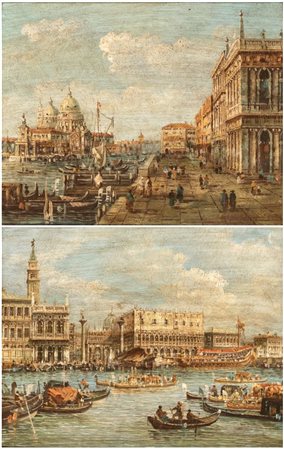 detto il Canaletto (seguace di) (Venezia, 1697 - 1768) 
a) Veduta di Santa Maria della Salute da Riva degli Schiavoni; b) Veduta del palazzo Ducale dal Bacino di San Marco. Coppia di dipinti 
Olio su rame cm. 20x25 cad. Con cornice