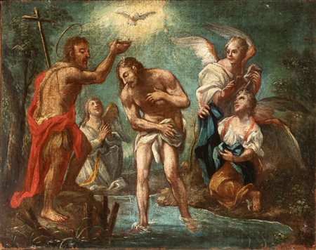 Artista veneto, XVIII secolo  
Battesimo di Cristo 
Olio su tela cm. 36,5x47,7. Con cornice a listello