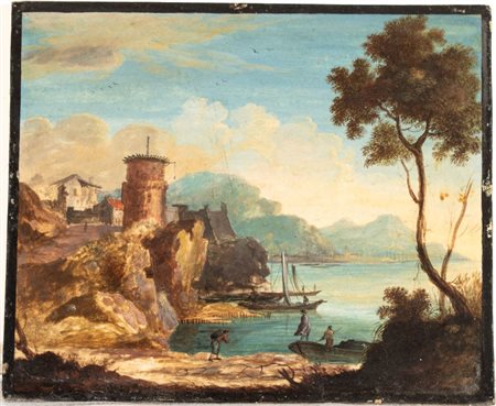 Antonio Dominici (Palermo, 1737  - Napoli, 1794) 
Paesaggio costiero con approdo e figure 
Olio su cartoncino cm. 11,5x14. Con cornice