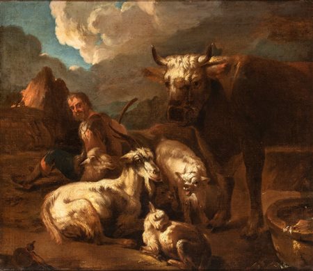 detto Rosa da Tivoli (attribuito a) (Francoforte, 1655 - Tivoli, 1706) 
Pastore a riposo con armenti 
Olio su tela cm. 66x66,5. Con cornice