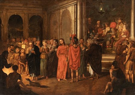 Artista fiammingo, XVII secolo  
Cristo davanti a Caifa  
Olio su tela cm. 60x81. Con cornice