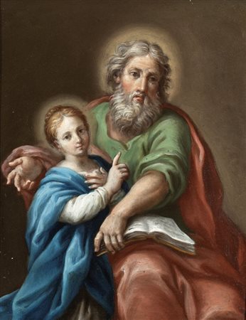Artista attivo a Roma, XVII secolo  
San Gioacchino e la Vergine fanciulla 
Olio su rame cm. 24x19. Con cornice