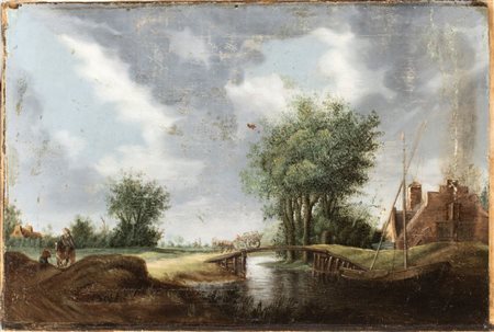 Artista olandese, XVIII secolo  
Paesaggio fluviale con ponte, carrozza e figure 
Olio su tela cm. 36x54