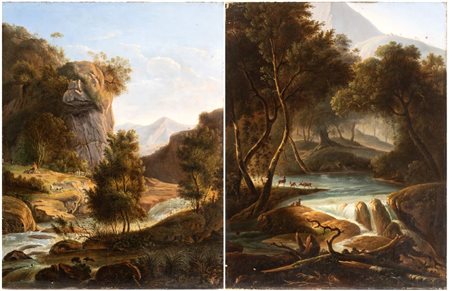 Artista nordico attivo in Italia, prima metà XIX secolo  
a) Paesaggio con pastore, pecore e ruscello; b) paesaggio con corso d'acqua e cervi. Coppia di dipinti 
Olio su trela cm. 81,5x64,5 cad.