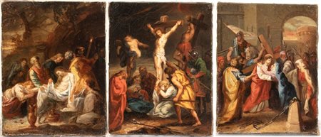 Artista attivo in Italia, seconda metà XVIII secolo  
a) Gesù incontra Maria sul Calvario; b) Gesù in croce tra i due ladroni; c) Deposizione di Cristo. Serie di dipinti. 
Olio su tela cm. 24x18,6 cad. 