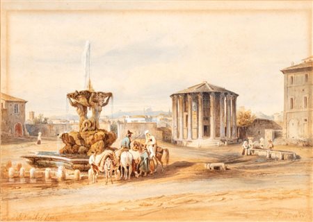 Charles-François Knebel (La Sarraz, 1810 - Roma, 1877) 
Veduta del Foro Boario con figure a cavallo 
Acquarello su carta cm. 24,5x29,7. Con cornice