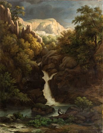 Alberto de Rohden (Roma, 1850 - 1924) 
Paesaggio con cascata 
Olio su tela cm. 125,5x100,5. Con cornice