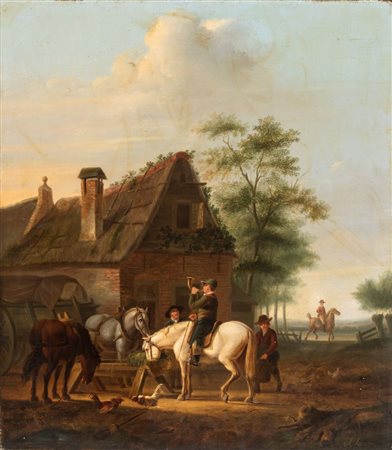 Ary Johannes Lamme (Dordrecht, 1812 - 1900) 
Sosta di cavalli alla mangiatoia 
Olio su tavola cm. 52,5x46