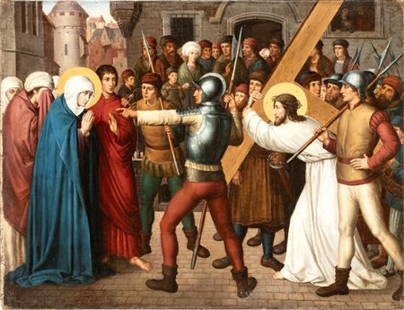 Louis Hendrix (Peer, 1827 - Anversa, 1888) 
Gesù incontra la Vergine Maria lungo la Via Crucis 
Olio su tela cm. 64,5x84,5