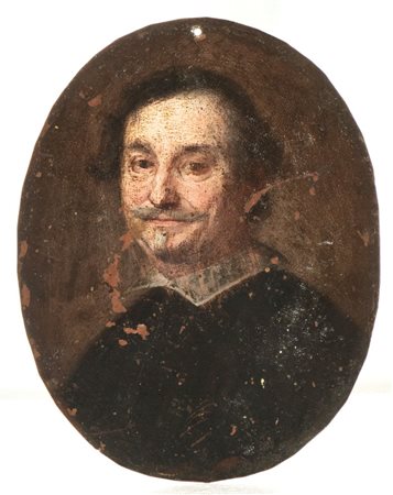 Artista emiliano, XVII secolo  
Ritratto virile con colletto e veste nera 
Olio su rame cm. 11,5x9