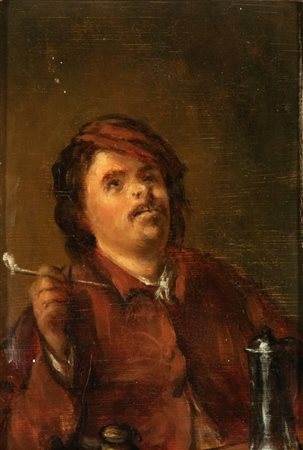 Adriaen van Ostade (seguace di) (Haarlem, 1610 - 1685) 
Fumatore di pipa 
Olio su tavola cm. 14,5x10. Con cornice
