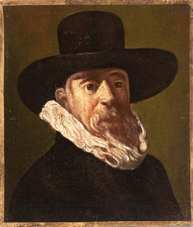 Artista olandese, XIX secolo  
Testa virile con cappello e gorgiera 
Olio su tela cm. 29x25