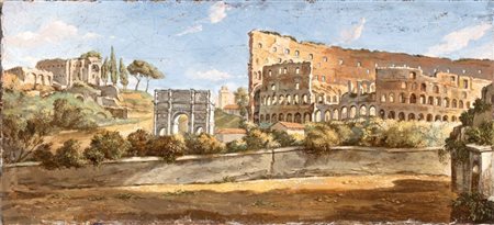 Artista anonimo, XIX-XX secolo  
Veduta del Colosseo con il Palatino e l'arco di Costantino 
Olio su tela cm. 25,5x55,6