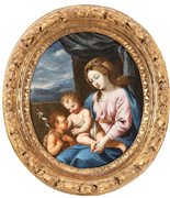 Lorenzo Masucci (Roma, 1726  - 1785) 
Madonna con Bambino e San Giovannino 
Olio su tela applicato su tavola cm. 33x27. Con cornice