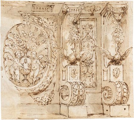 Scuola Romana del XVII secolo Studio di fregio architettonico Penna,...