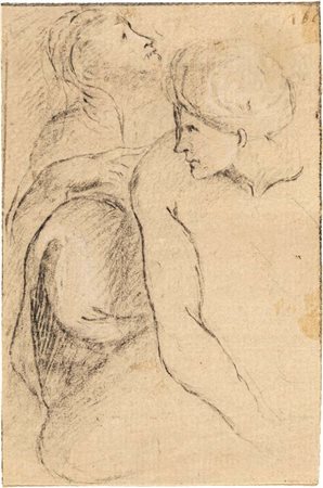 Scuola Emiliana del XVII secolo Studio di due figure Pietra nera su carta mm...