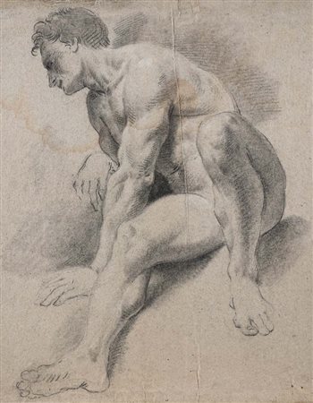 Scuola veneta del XVIII secolo Studio di Nudo maschile seduto Pietra nera e...