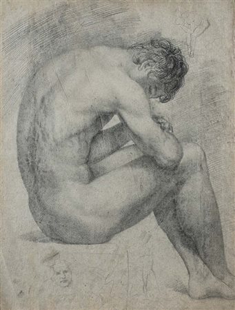 Scuola neoclassica italiana Studio di nudo accovacciato Pietra nera su carta...