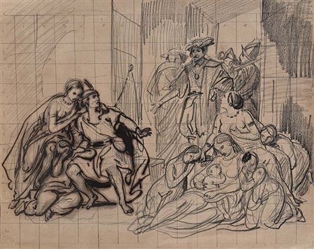 Scuola Italiana del XIX secolo Scena storica Pietra nera e inchiostro di...