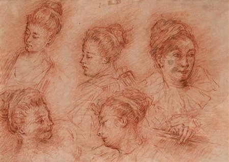 Scuola francese del XVIII secolo Studio di teste femminili Pietra rossa e...