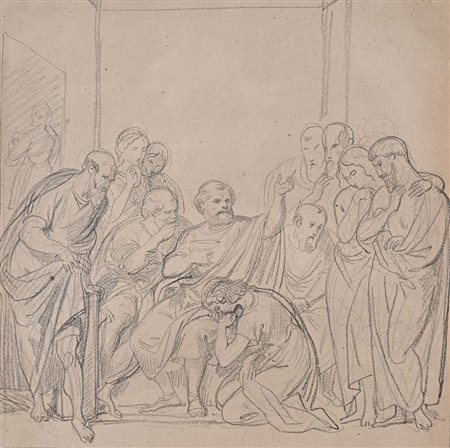 Scuola neoclassica francese Morte di Socrate Pietra nera su carta mm 260x270...