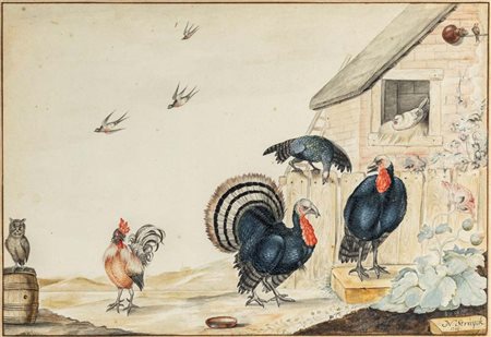 Nicolaas Struyk (Amsterdam, 1686 - Amsterdam, 1769) Veduta con uccelli da...