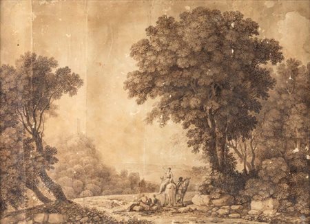 Alessandro Castelli (Roma, 1809 - Roma, 1902) Paesaggio arcadico penna, china...