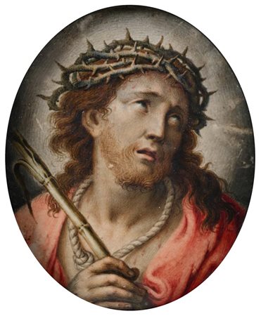 Scuola fiamminga del XVIII secolo Ecce Homo tempera su pergamena ovale mm...