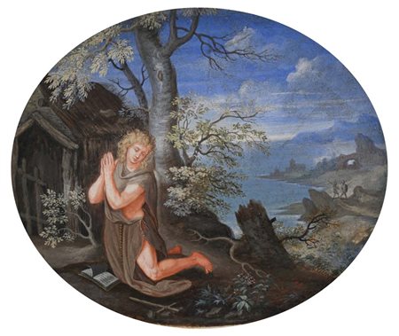 Scuola fiamminga del XVIII secolo Sant'Ilario eremita Tempera su carta...