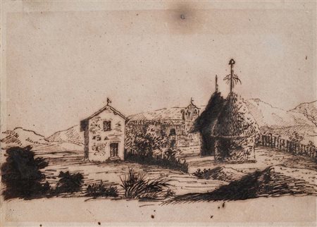 Scuola Italiana del XIX secolo Studio di paesaggio con covoni inchiostro di...