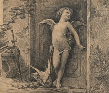 Scuola Italiana del XIX secolo Cupido Pietra nera su carta mm 190x220 - con...