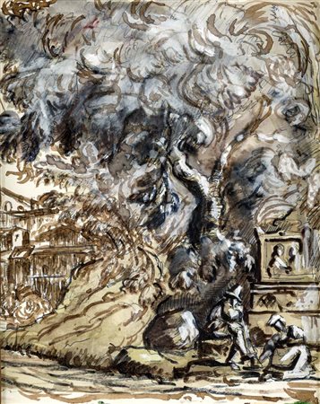 Scuola Italiana del XIX secolo Studio di pastori davanti un'ara antica Penna,...