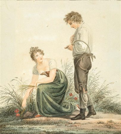 Scuola francese fine XVIII/inizio XIX secolo Coppia di pastorelli Acquarelli...