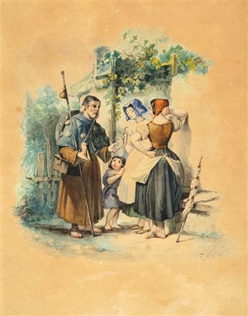 Disegno con donne mercante e bambino Acquarello su carta mm 200x160 - con...
